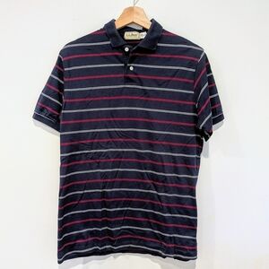 Vintage 80s LL Bean Striped Polo Short Sleeve Shirt Made in USA Size L Navy Blue